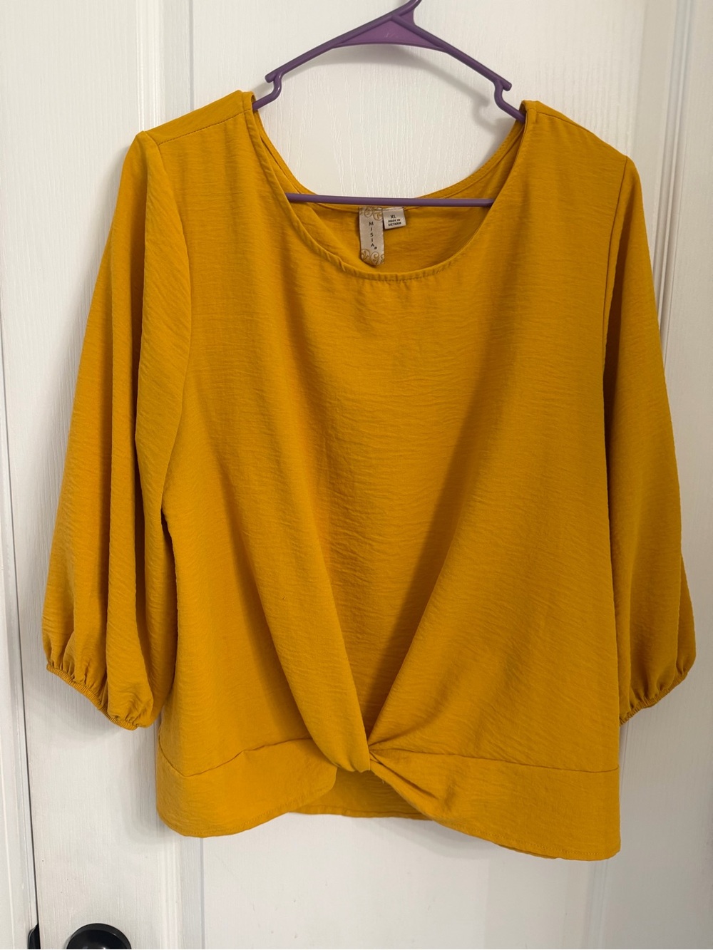 Misia Mustard Twist-Hem Balloon Sleeve Blouse